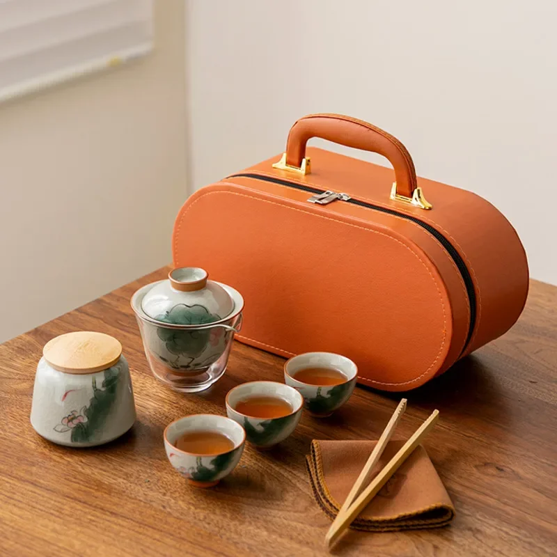 Portable Tea Pot and Cup Set Travel Tea Set Kung Fu Tea Gaiwan High-Grade Storage Bag A Pot of 3 Cups Outdoor Camping