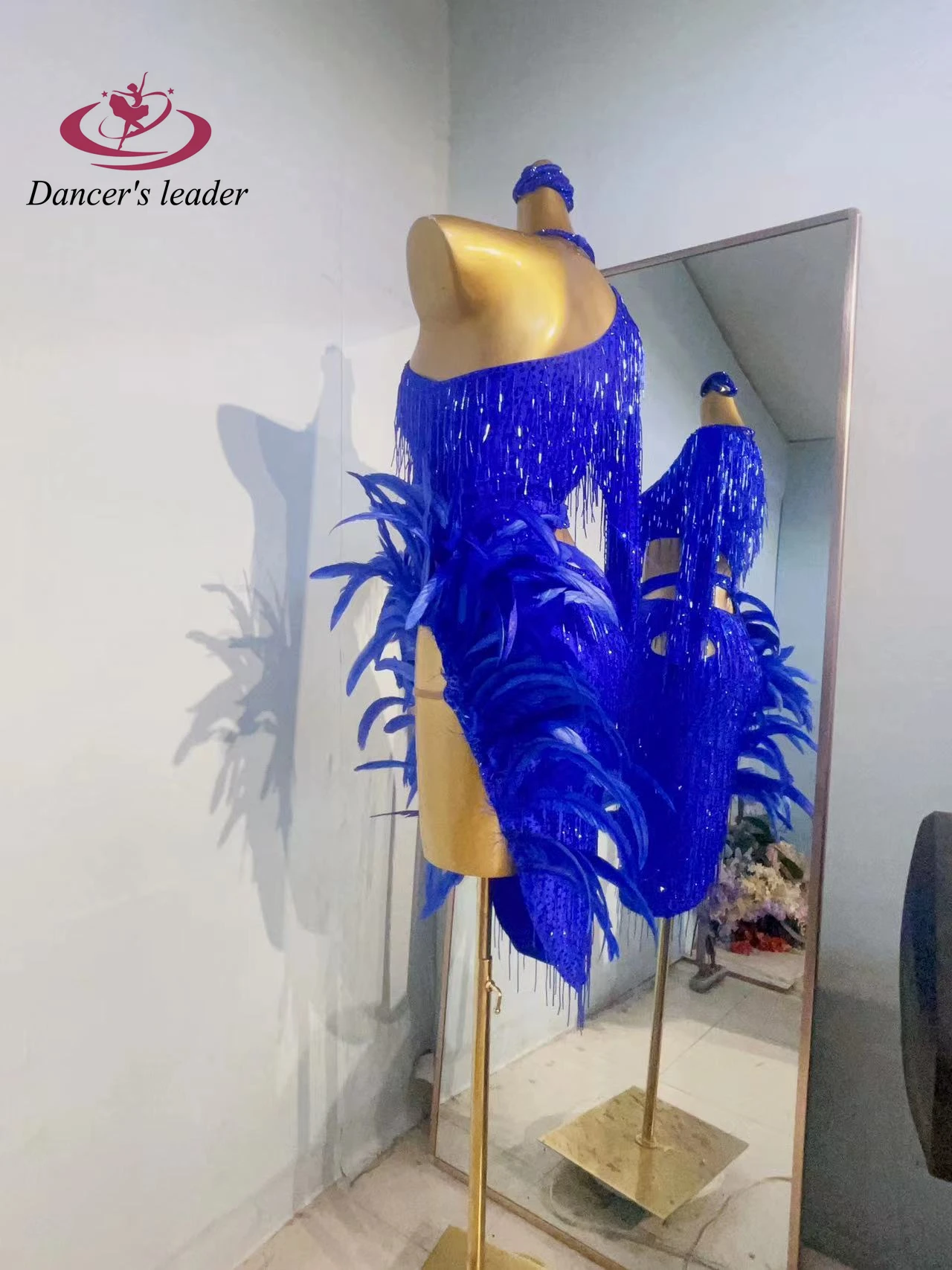 라틴 댄스 무대 여성 의류 하이 엔드 맞춤형 큰 깃털 예술 공연 삼바 라인 석 공연 의류 드레스