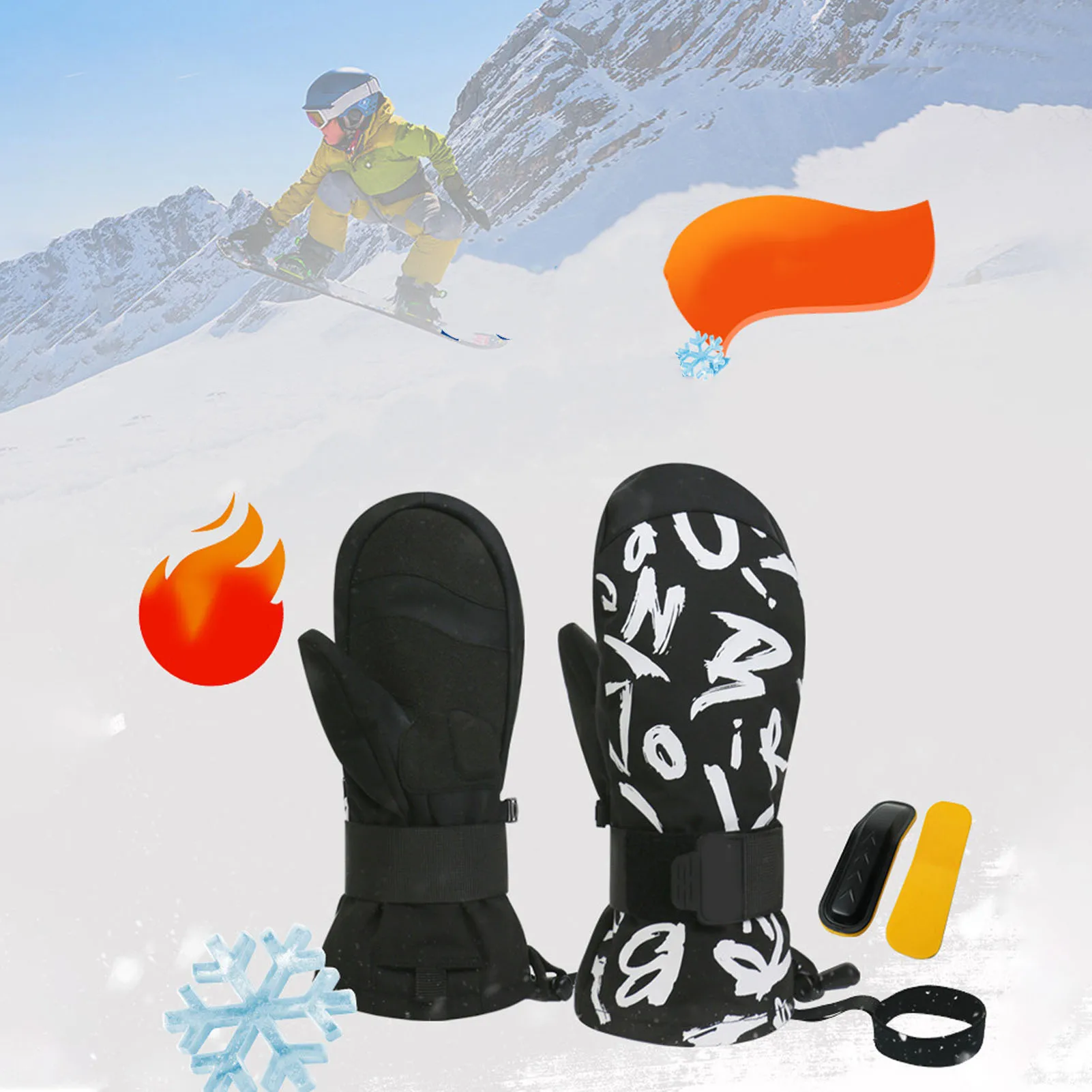 

Junior Snowboarding Mittens Loop Fastener Watertight Wrist Guards Graffiti Insulated Junior Ski Mittens Anti Lost for Training