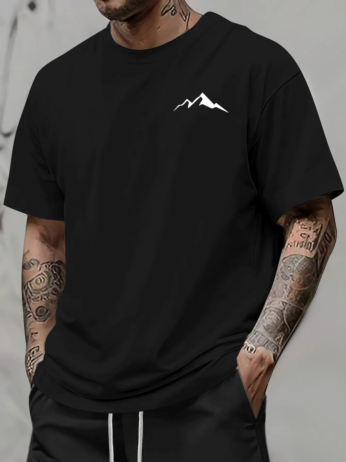 Simple Mountain Chest Print Mens T Shirt Minimal Outdoor Nature Short Sleeve Crew Neck Cotton Tee Hiking Casual Daily Top