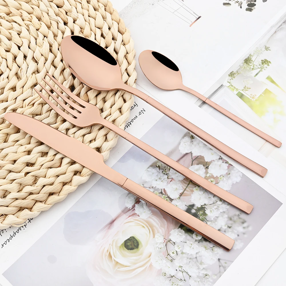 24Pcs Rose Gold Dinnerware Set Knife Fork Teaspoon Cutlery Set Stainless Steel Tableware Flatware Western Kitchen Silverware Set