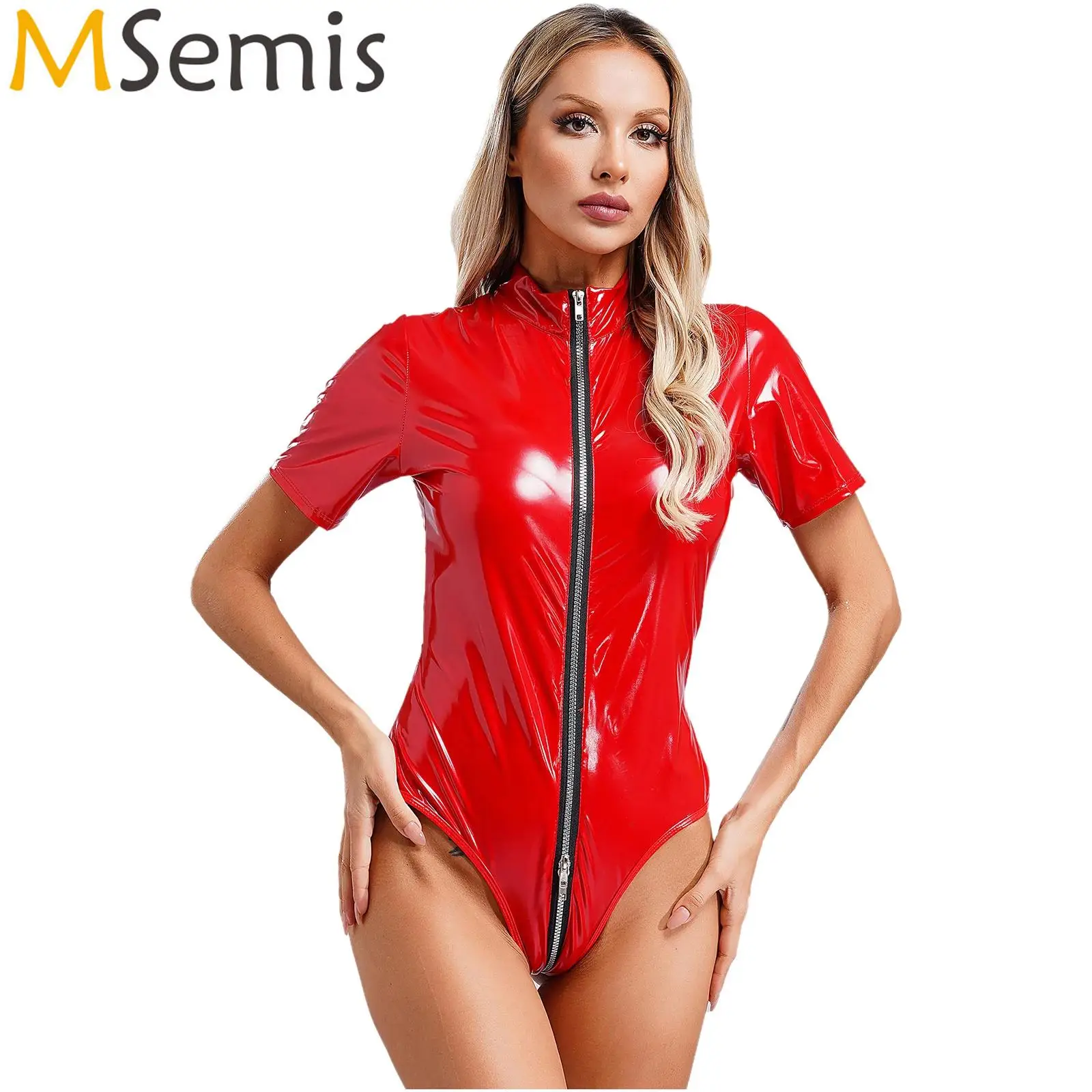 

Womens Lingerie PU Leather Bodysuit Stand Collar Short Sleeve 3-End Zipper Jumpsuit Glossy Playsuit Rave Party Clubwear Costume