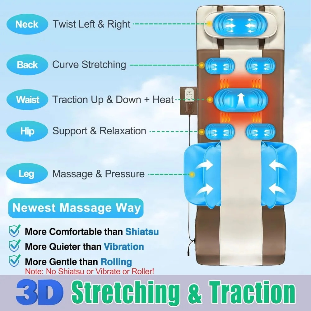 Full Body Massage Mat, 3D Body Stretching & Lumbar Traction, Back Heating, Traction Up & Down, Curve Stretch, Twist Left & Right