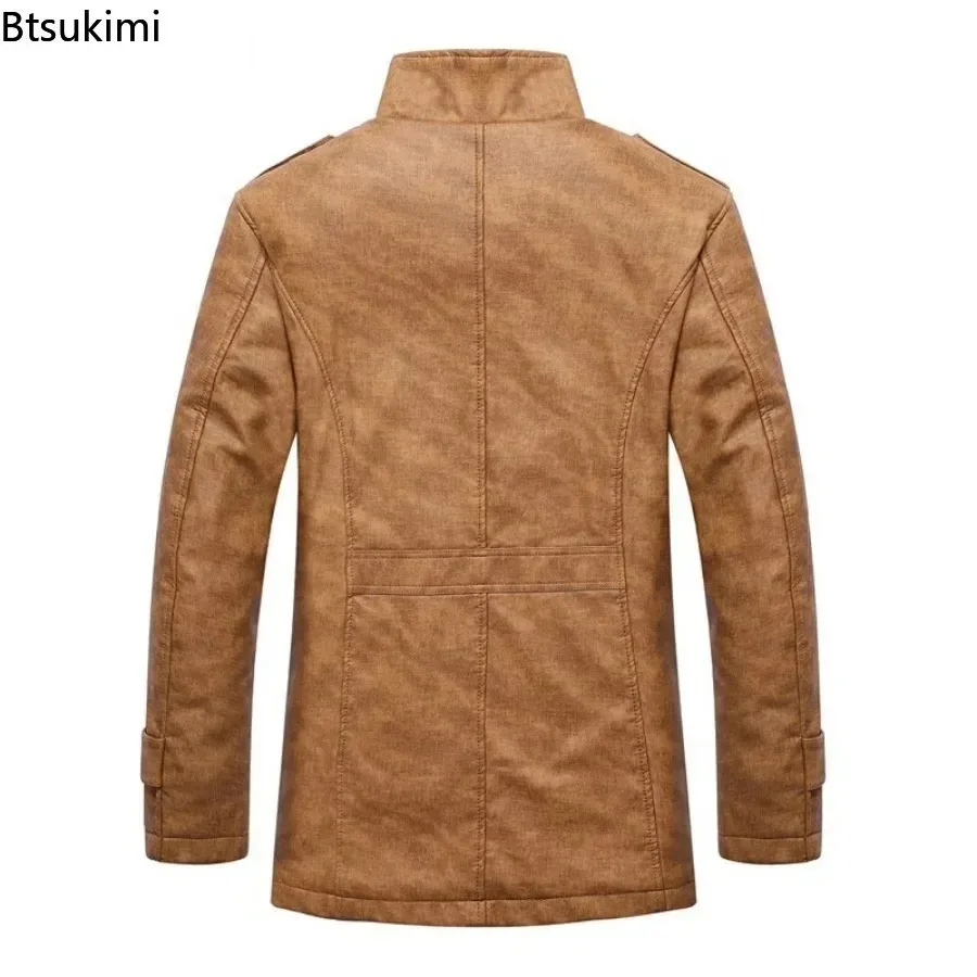 New 2026 Men's Leather Suit Jacket Slim Plus Fleece Coat Fashion Mid-long PU Leather Jacket Streetwear Men Casual Warm Outerwear