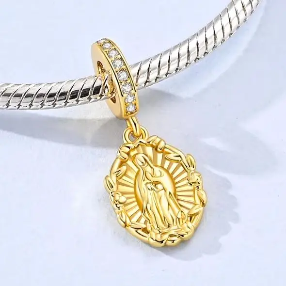 

925 Sterling Silver Dangle Charm Golden Wreath of Our Lady Fit Original Bracelet Necklace Diy Woman Jewelry