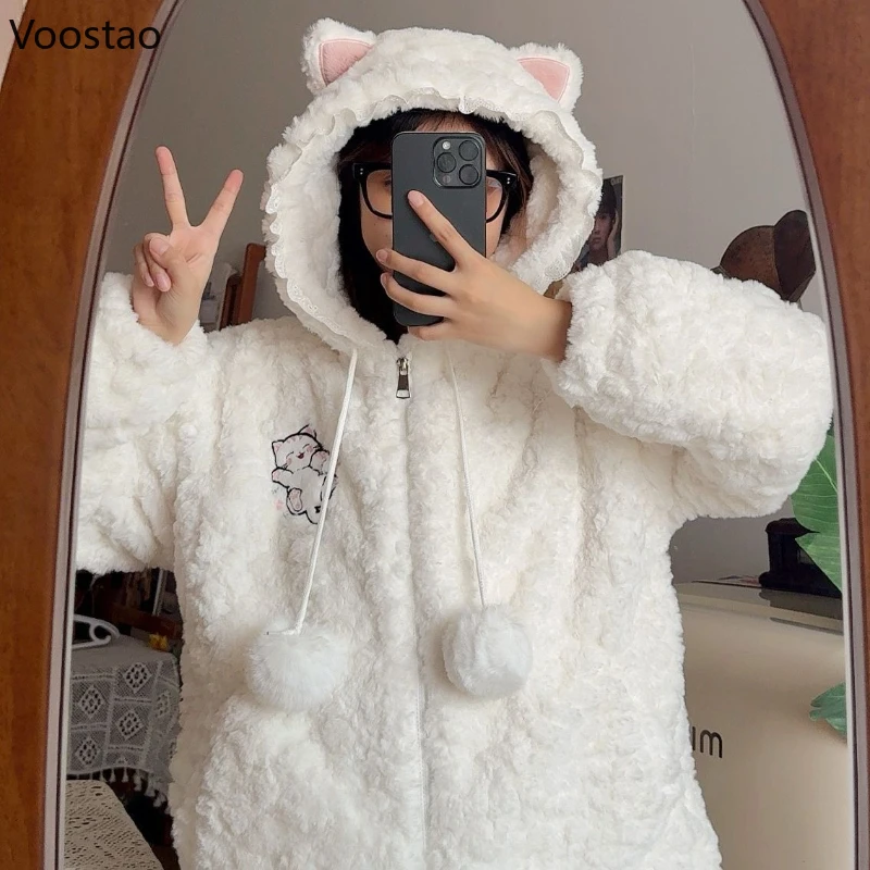 

Autumn Winter Kawaii Lolita Style Plush Coat Women Sweet Embroidery Cat Ears Hooded Jacket Girls Harajuku Cute Faux Fur Overcoat