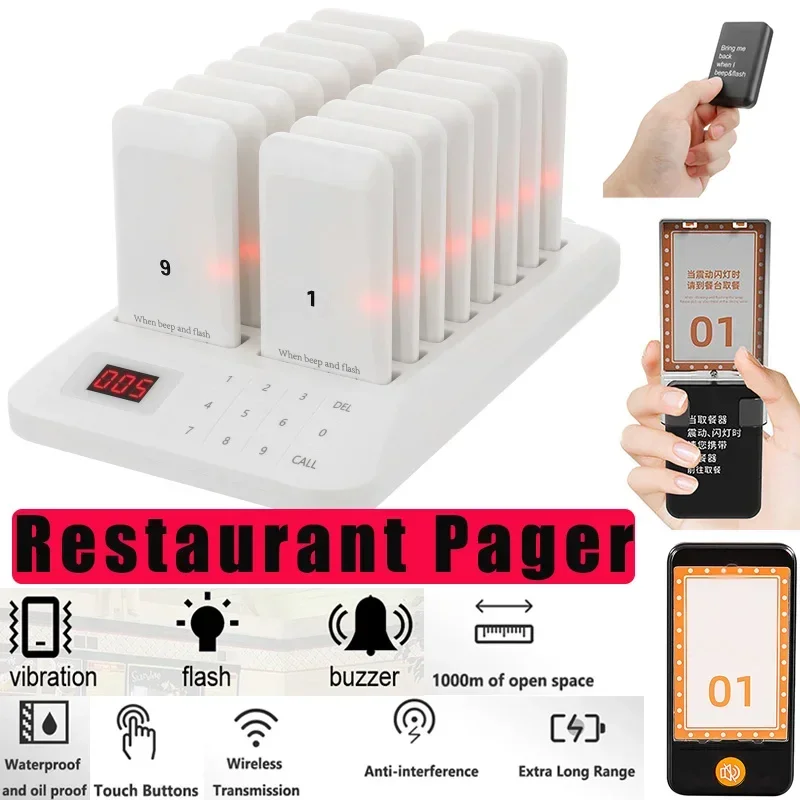 

Style 2- Restaurant Pager with 16 Coasters Wireless Caller Buzzer Bell Calling System Cafe Bar Fast Food Truck Bars Hotel Beeper