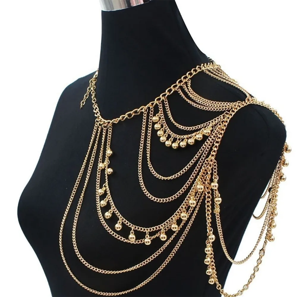 Multi-Layer Tassel Ball Shoulder Chain Metal Ball Dainty Body Jewelry Shiny Adjustable Arm Chain Accessories Street Photo