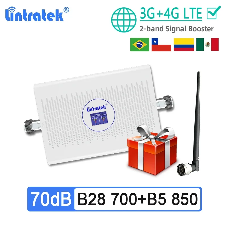 Повторитель сотового сигнала Lintratek, двухдиапазонный 2G 3G 4G lte 700 B28 CDMA 850 МГц B5, усилитель сотового сигнала AGC, 70 дБ Перу