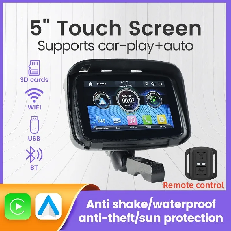 

Carplay Motorcycle GPS Navigation With Remote Controls Portable Screen IPX7 Waterproof Monitor For Wireless carplay Android Auto