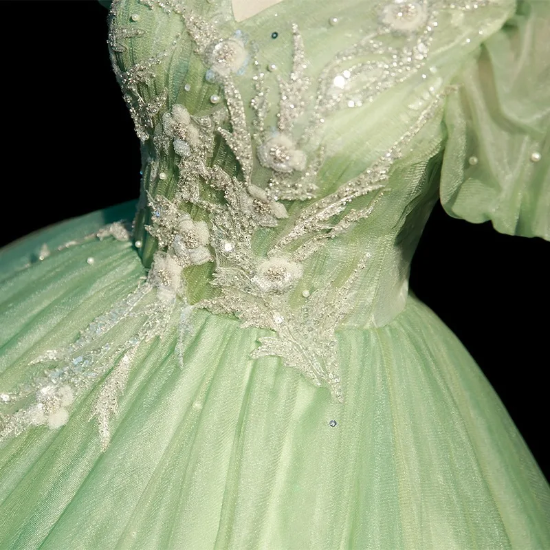 2024 Vestidos De quinceañera De color verde claro, Vestido De fiesta con mangas abullonadas, Vestido De baile clásico con cuello en V, Vestido De graduación Formal, Vestido De 15 Anos