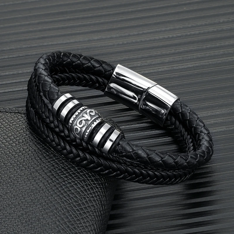 MKENDN Punk Men Multilayer Woven Genuine Leather Bracelet Black Stainless Steel Rune Magnetic Buckle Bracelet Homme Pulseras