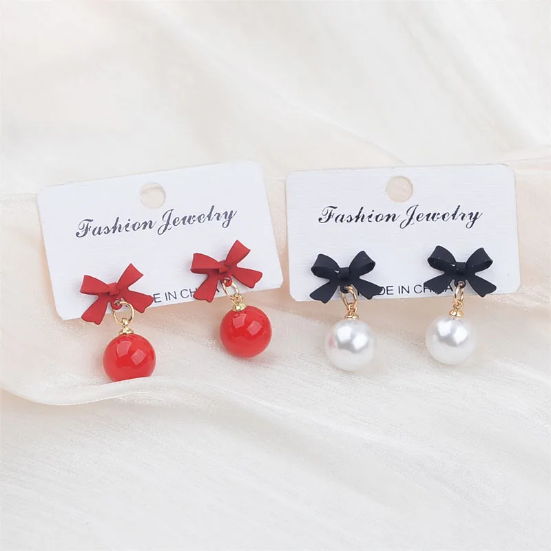 Black Red Bowknot Elegant Hanging Earrings Imitation Pearl Ball Pendants Korean Fashion Sweet Small Earrings brincos 2025 new
