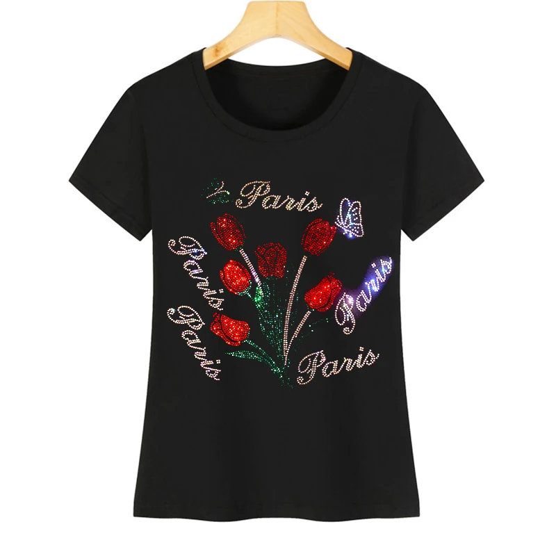 

Hot selling high-quality hot diamond women's casual short-sleeved T-shirt printing diamond sparkling diamond beautiful flowers