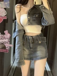 Vintage Denim Suit Woman Slim Casual Short Cardigan + Sexy Bodycon Y2k Mini Skirt Elegant Korean Fashion Set 2024 Spring Chic