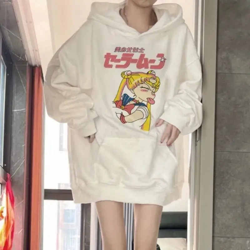 NASAOVER Sailor Moon Sweter Bertudung Lengan Panjang Mantel Atasan Kartun Longgar Wanita, Sweter Longgar Berkerudung Pria dan Wanita