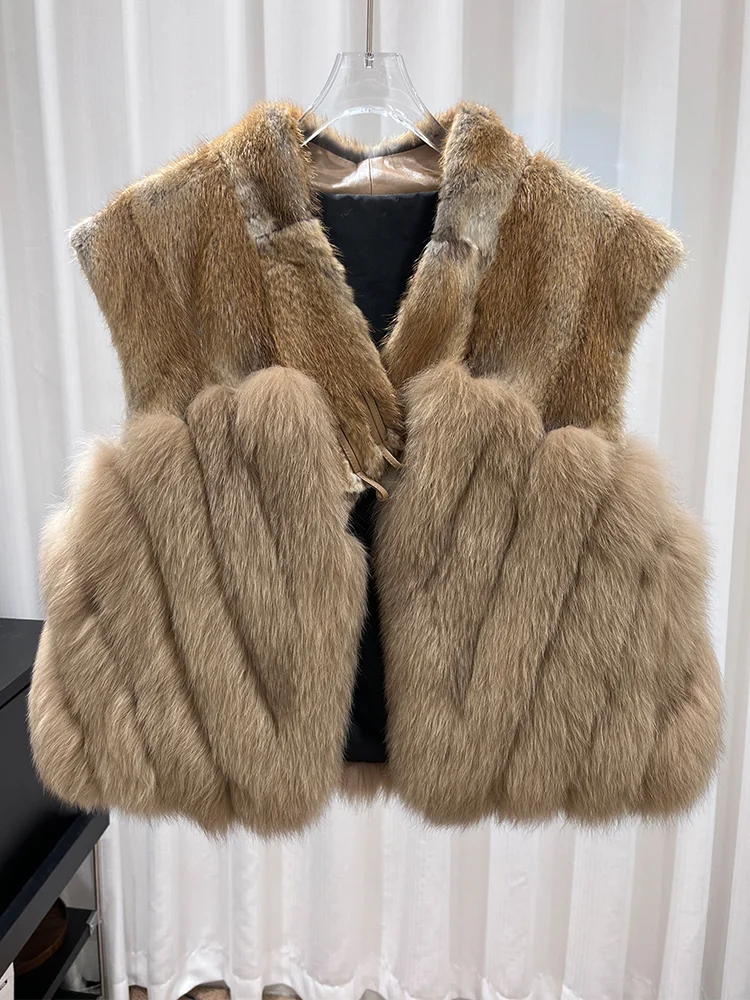 

Fashion Winter Warm Genuine Real Fox Fur Vest Natural Muskrat Fur Sleeveless Jacket Waistcoat Women Luxury Quality Gilet