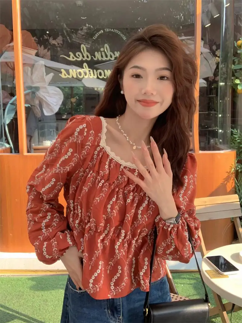 2023 Autumn New Short Design Fashionable Square Collar Female Pleated Shirts Long Lantern Sleeve Woman Chiffon Top Lady Blouses