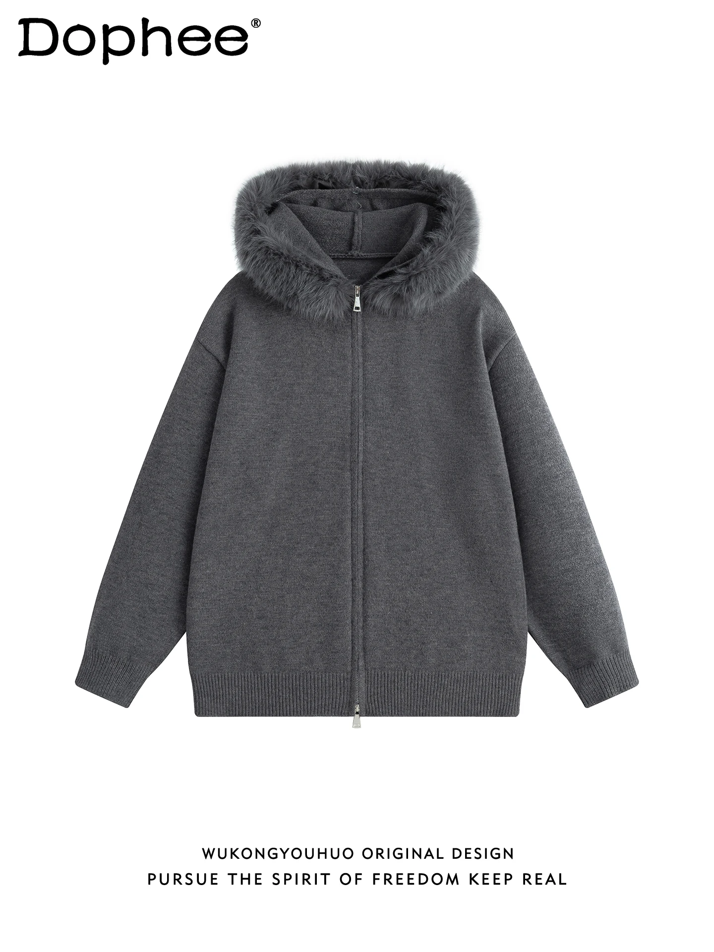 

2025 Winter New Simple Fur Collar Hooded Knit Sweater Stylish Men's Fashion Trend Casual Loose Zipper Cardigan Sweater Jacket