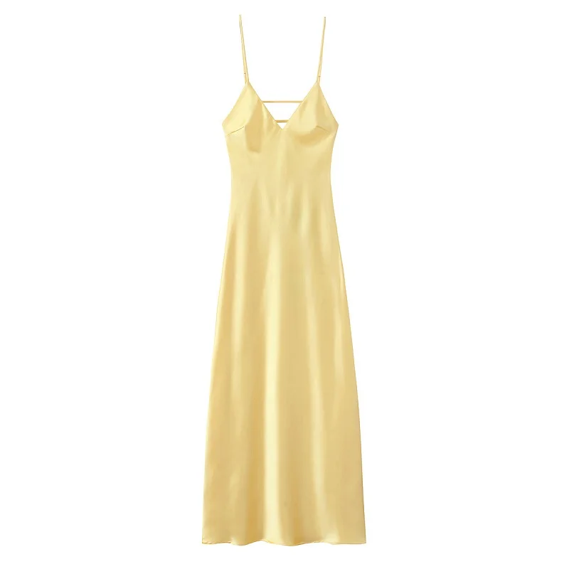 MUJER rose Satin robe à bretelles femmes jaune robe d'été femme 2025 Sexy dos nu longues robes pour femmes bretelles fête robes mi-longues