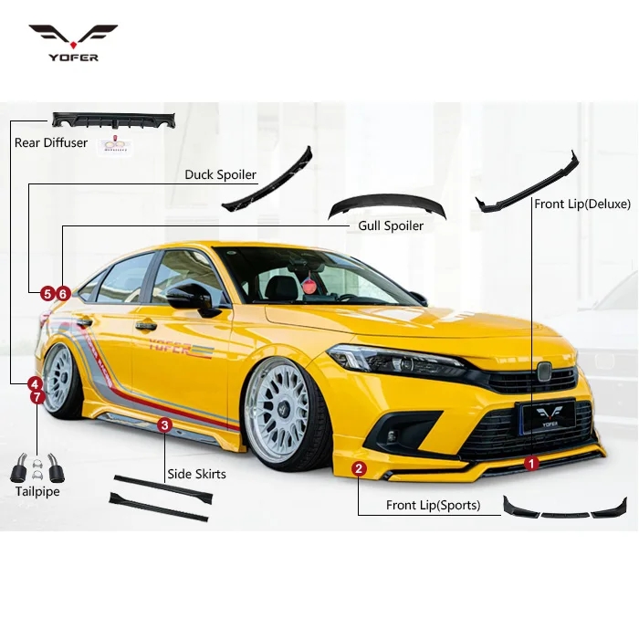 Yofer 11th gen car front rear bumpers lip diffuser side skirts spoiler tailpipe parts bodykit for civic