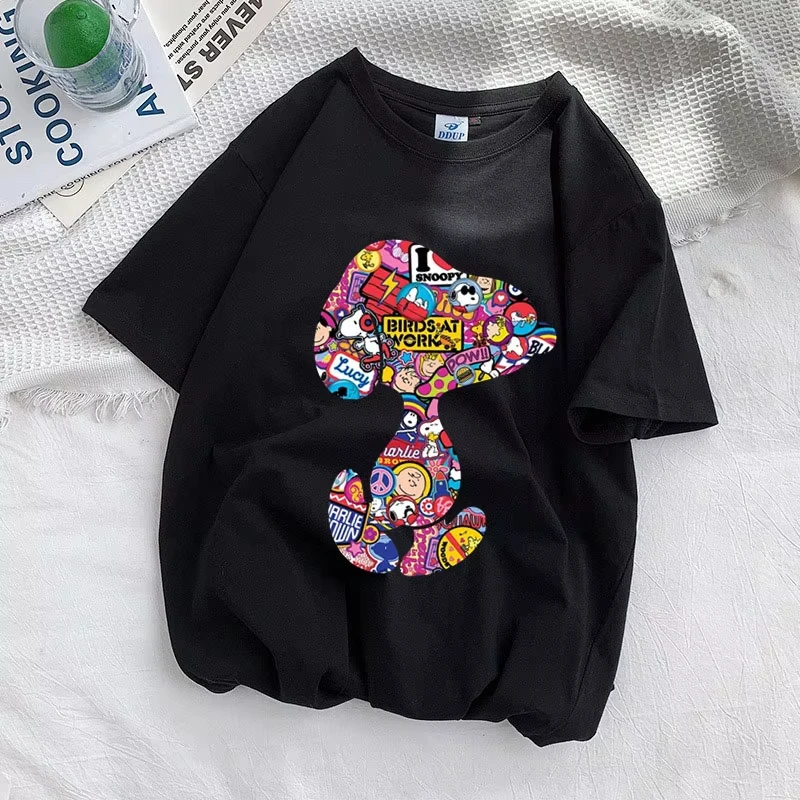 Snoopy สีผู้หญิงเสื้อยืดฤดูร้อนแขนสั้น 100% Cotton Men Tee เสื้อการ์ตูนอะนิเมะแฟชั่นคู่เสื้อผ้า Tops