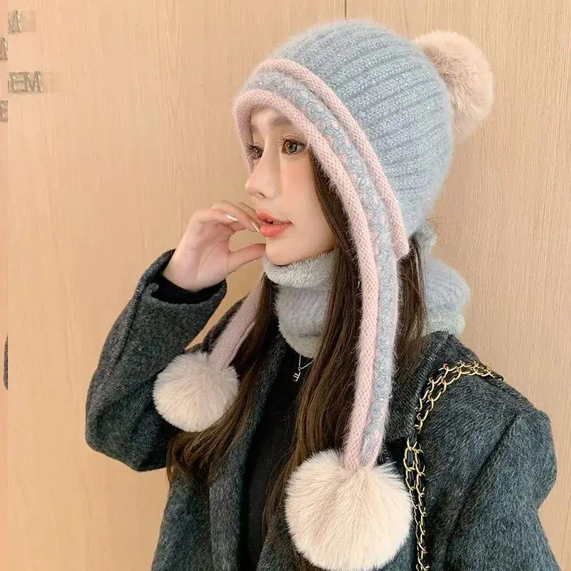 

Korean Fashion Knitted Beanie 3 ball Design Plush Lined Thickened Warm Ear Protection Hat for Cycling Women