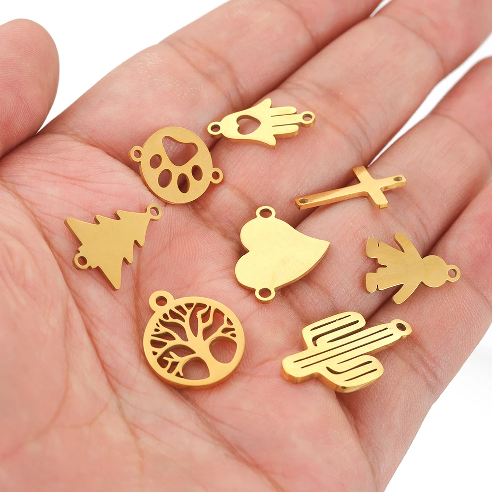 5pcs Stainless Steel Gold Plated Peach Heart Airplane Cross Connector Pendants for DIY Bracelet Necklace Parts Jewelry Making