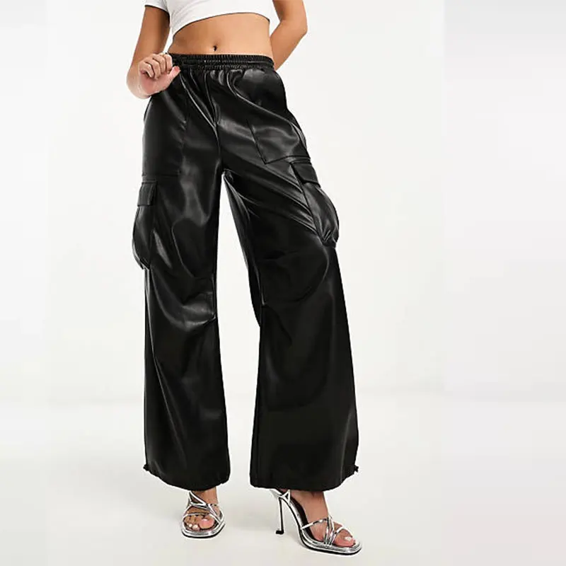Women Chic Casual Matte Faux Leather Wide Leg Pants Ladies High Waist Vintage PU Trousers New Support Custom