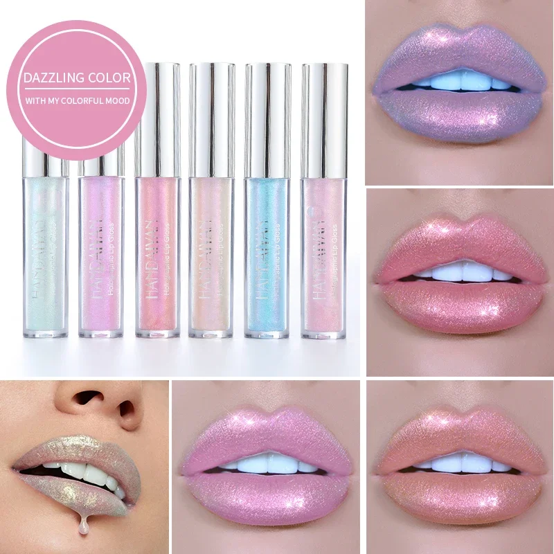 6 Colors Holographic Lip Gloss Makeup Lipstick Pearlescent Mermaid Polarized Lip Tint WaterproofLong Lasting Shiny Lips Makeup