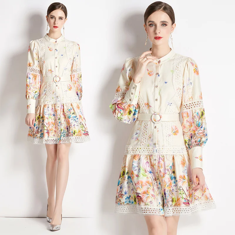 تنورة خريف 2024 ذات ياقة ثابتة تنورة طويلة Sve مطبوعة بالزهور على شكل حرف a مع حزام شارع Sle ميدي Dr للنساء