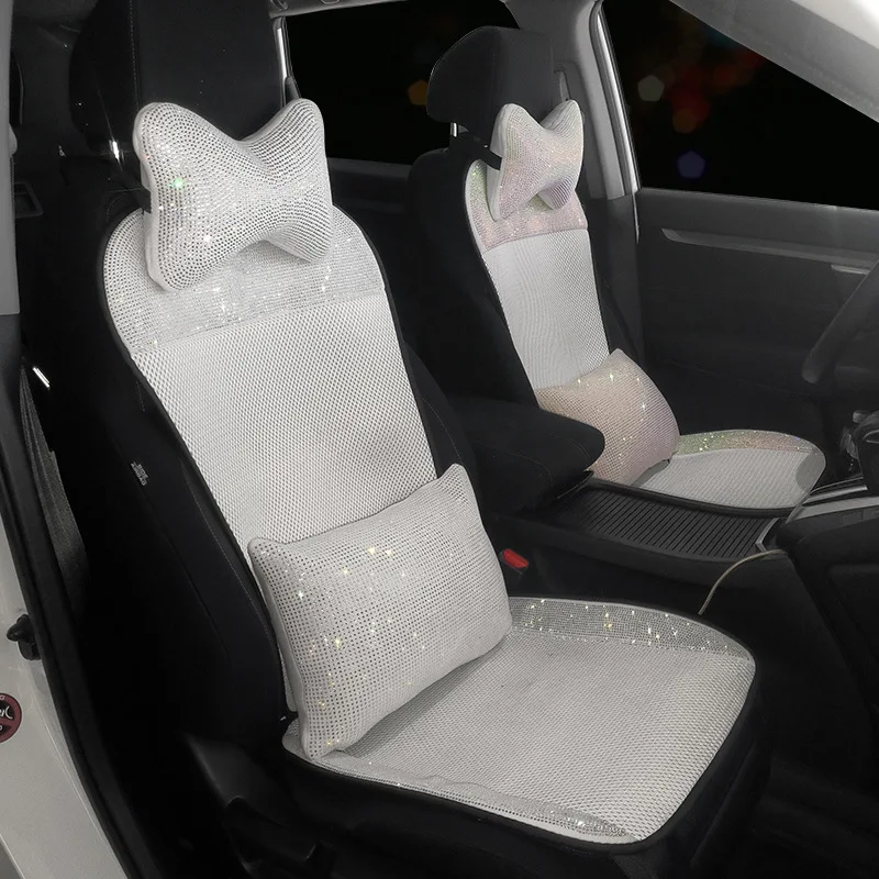 New White Rhinestones Ice Silk Four Seasons Universal Car Seat Cushion Cover Car Interior Decorations