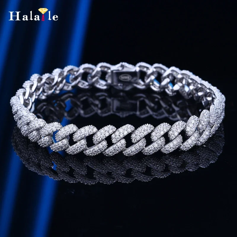 Halaile S925 Sterling Silver Sparkling D Color High Carbon Diamond Cuban Bracelet Hip Hop Fine Jewelry for Women Men Trendy Gift