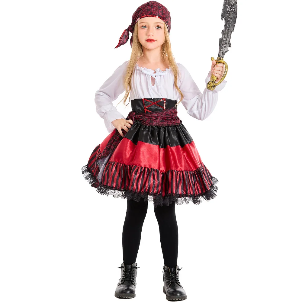 

Kid Pirate Cosplay Costume Halloween Party Outfit Lace Corset Dress White Red Mini Dress Headscarf 2Pcs Set
