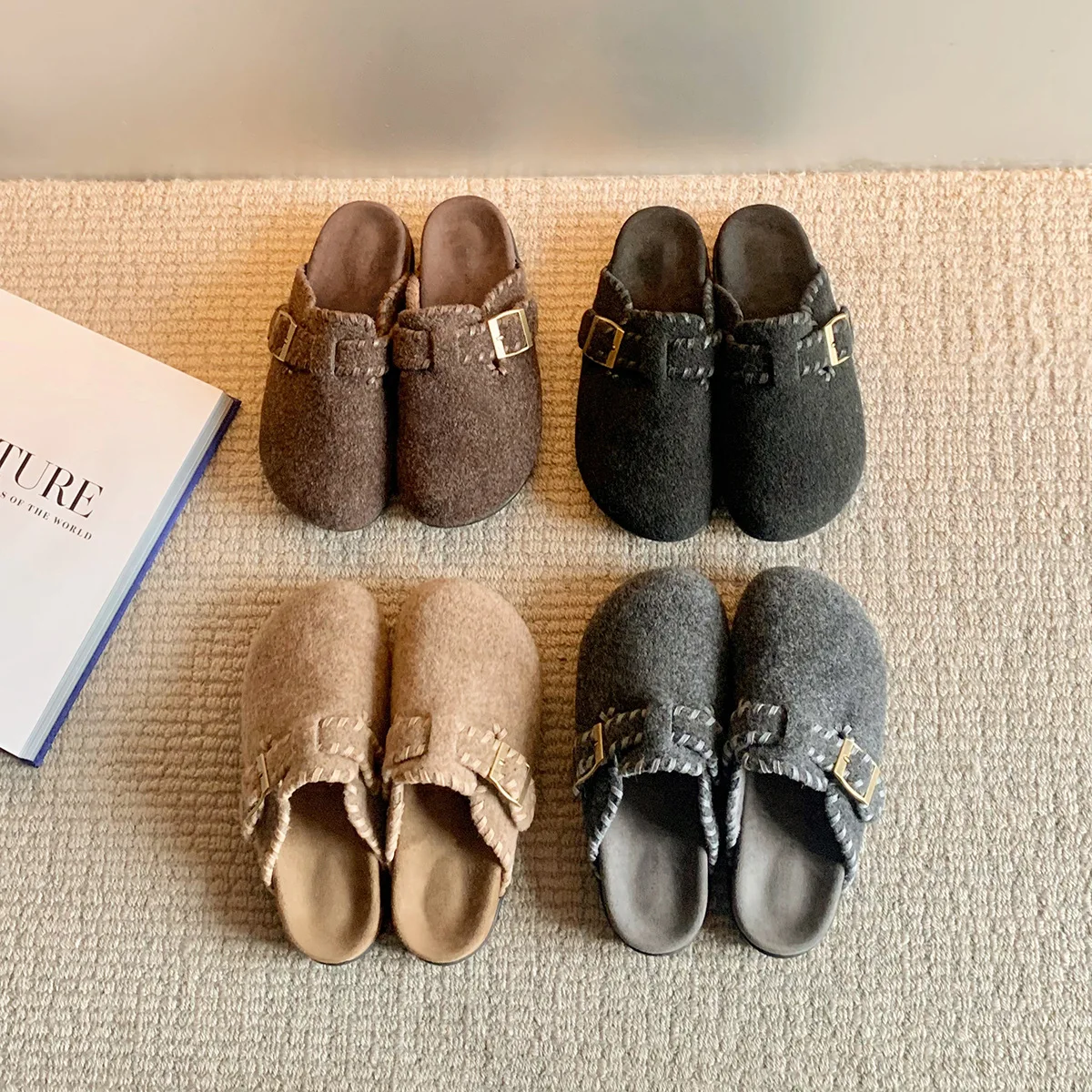 Color blocking thick sole woolen cloth half bag slippers with women's buckle and felt velvet warm woolen cotton shoes