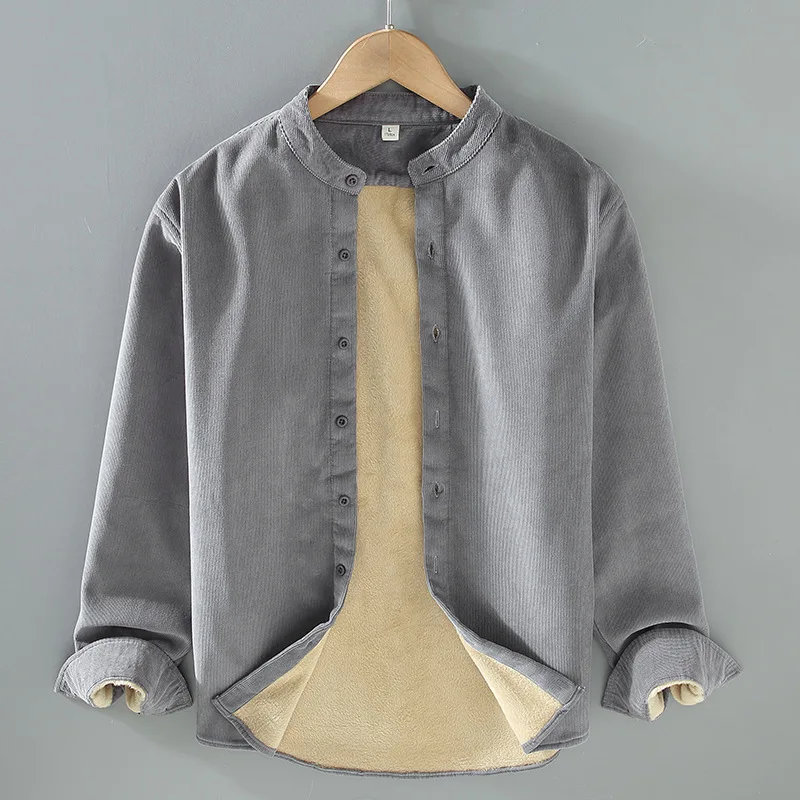 

Retro Sle Corduroy irt Men's Thiened Fce Lined Stand Collar Jaet Autumn Winter Warm Flannel irt Outerwear