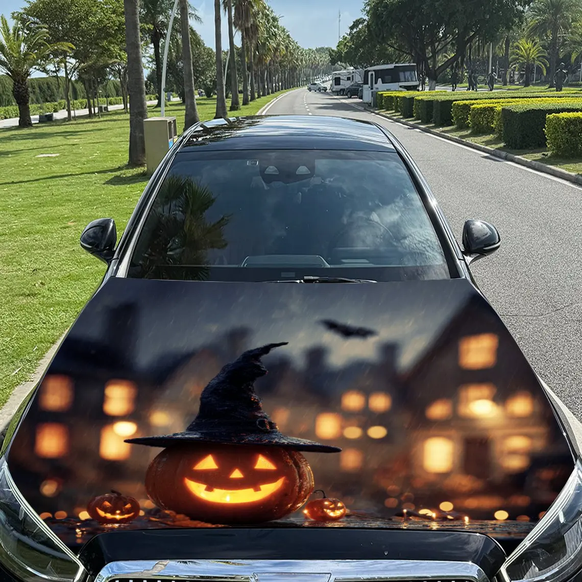 

Car Decals Halloween Lantern with Witch Hat and Bat in Town Car Hood Sticker, Waterproof Self - Adhesive Vinyl Graphics Decals,
