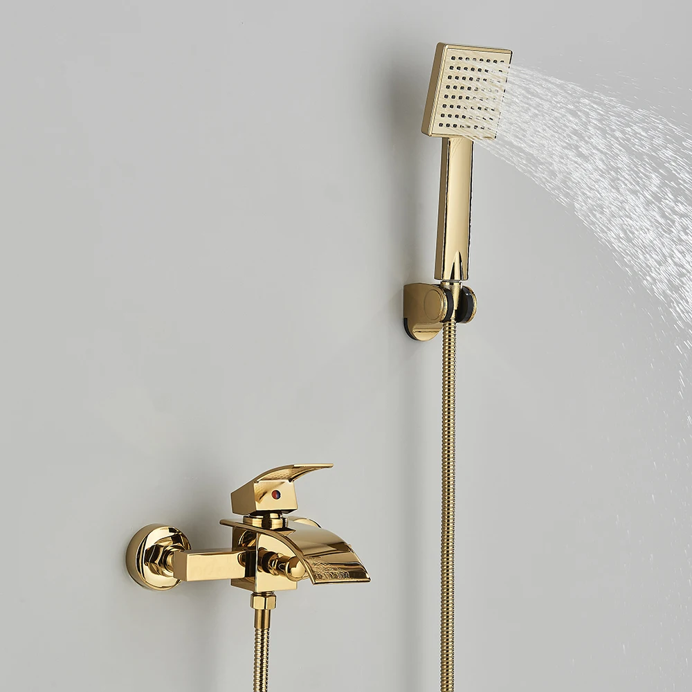 Black Golden Bathtub Faucet Wall Waterfall Spout Bathroom Tub Mixer Tap Single Handle Plastic Handshower Shower System