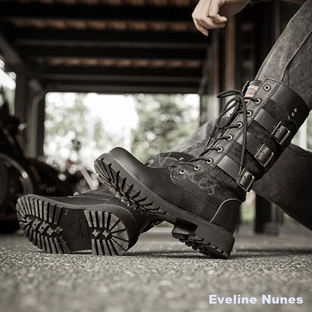 Black Leather Mid Calf Motorcycle Boots Men Multi Metal Buckle Lace Up Round Toe Anti Slip Tall Boots Retro Gothic Riding Boots