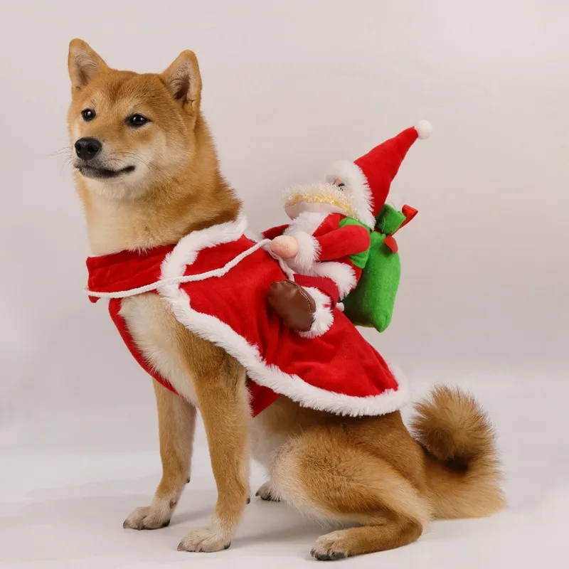 Christmas Dog Costume Funny Santa Rider Pet Outfit Plush Doll On Back Adjustable Straps Soft Warm Washable For Small Medium Dog