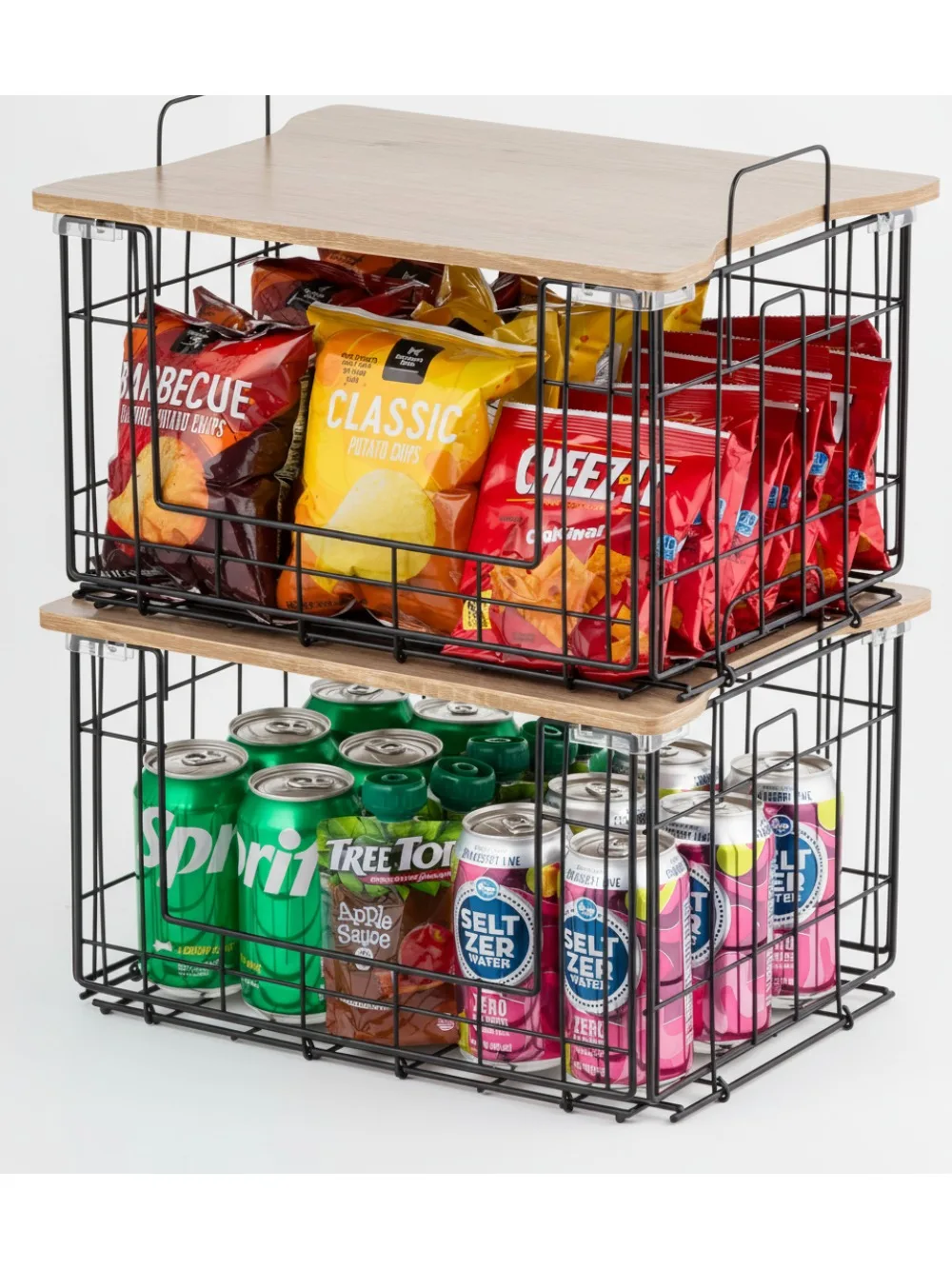 

Штабелируемые проволочные корзины для хранения из 2 штук с деревянной крышкой — органайзер для кладовой для овощей, фруктов и закусок