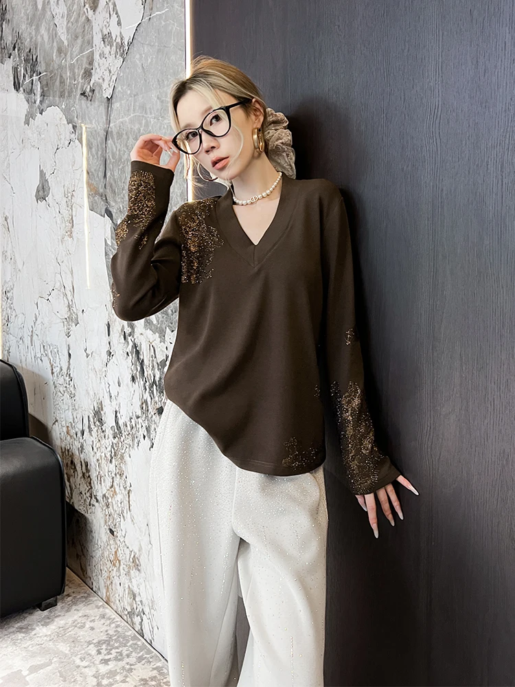 

Женская теплая футболка с длинным рукавом, V-образным вырезом, на флисовой подкладке, с тяжелой вышивкой в виде ромбов, европейский крой, стандартная посадка