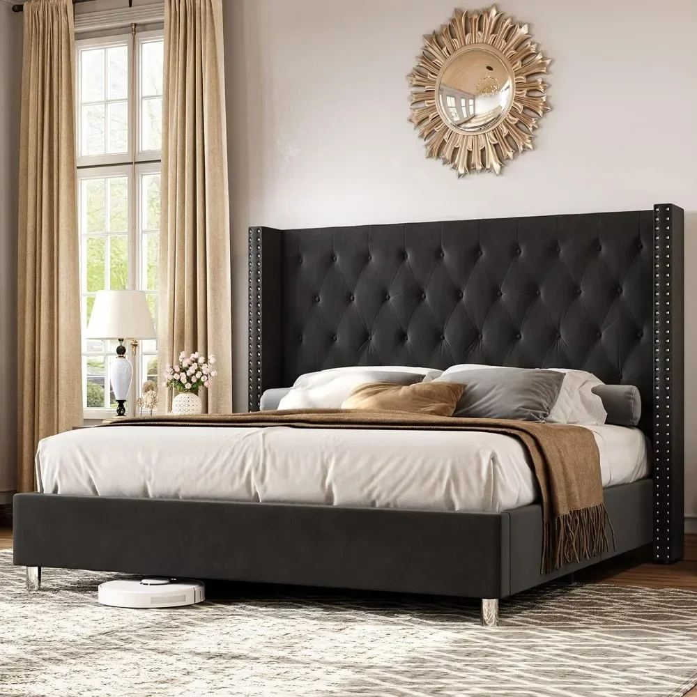 

Queen and King size Bed Frame, Upholstered Beds Velvet Low Profile Platform Beds with Raised Wingback Headboard, Bed Frame