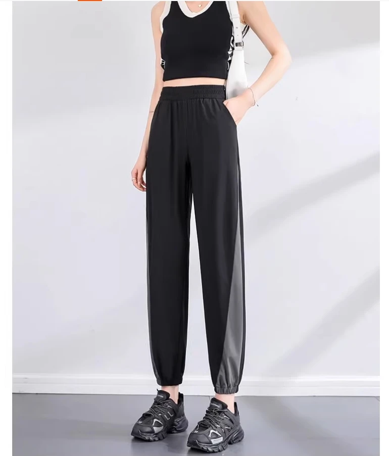 

2024 new spring and fall sports pants women's trend color contrast collage loose wide legs hanging high waist corset pants