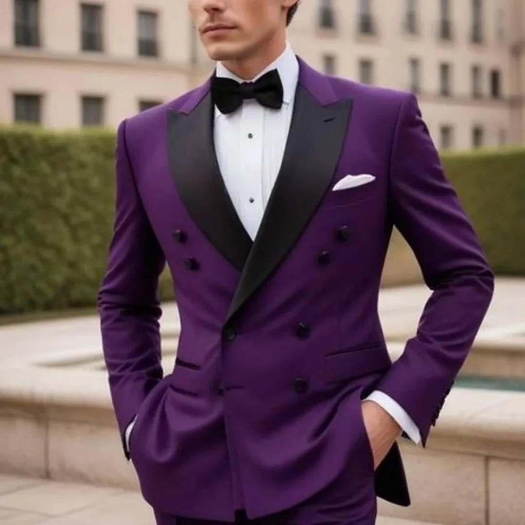 

Индивидуальные модные мужские черные лацканы, фиолетовые формальные смокинги, жених, жених, свадебная вечеринка, выпускной, мужской деловой костюм, комплект из 2 предметов, блейзер