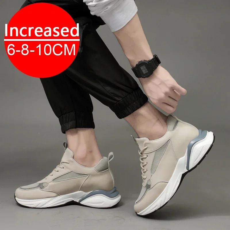 

Men's casual shoes chunky sneakers 6/8cm high quality genuine leather cowhide breathable trendy trainers thick shoes size 36-44