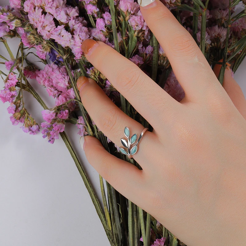 Fashion Natural Precious Stone Larimar 925 Sterling Silver Ring Olive Tree Branch Leaves Ring for Women Charms Jewelry