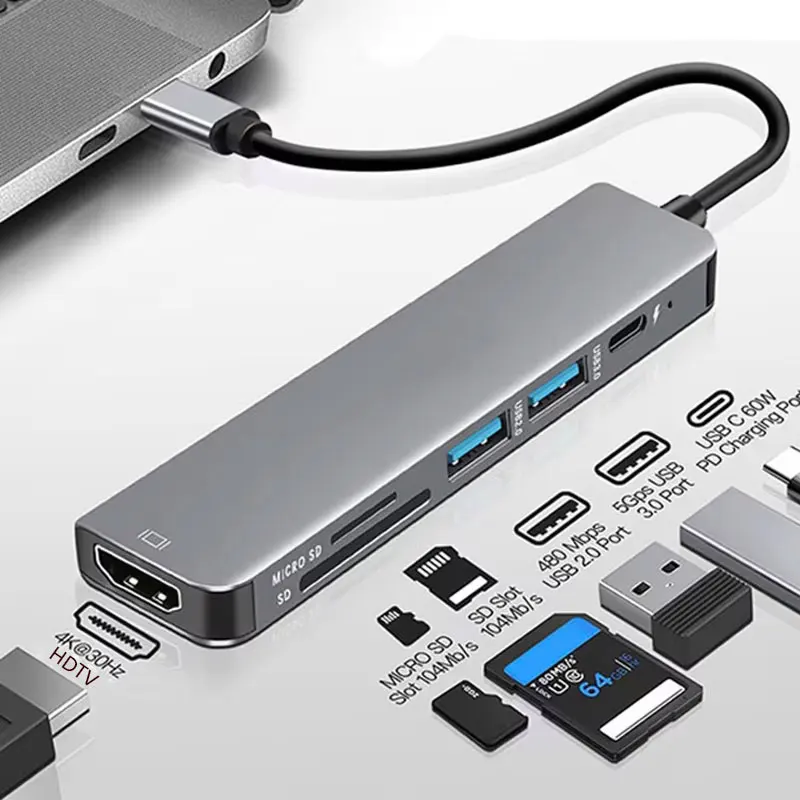 6 יציאות USB C Hub לקורא כרטיסי SD TF תואם HDMI 4K USB 3.0 2.0 HUB טעינה מסוג C למחשב הנייד MacBook iPad Samsung