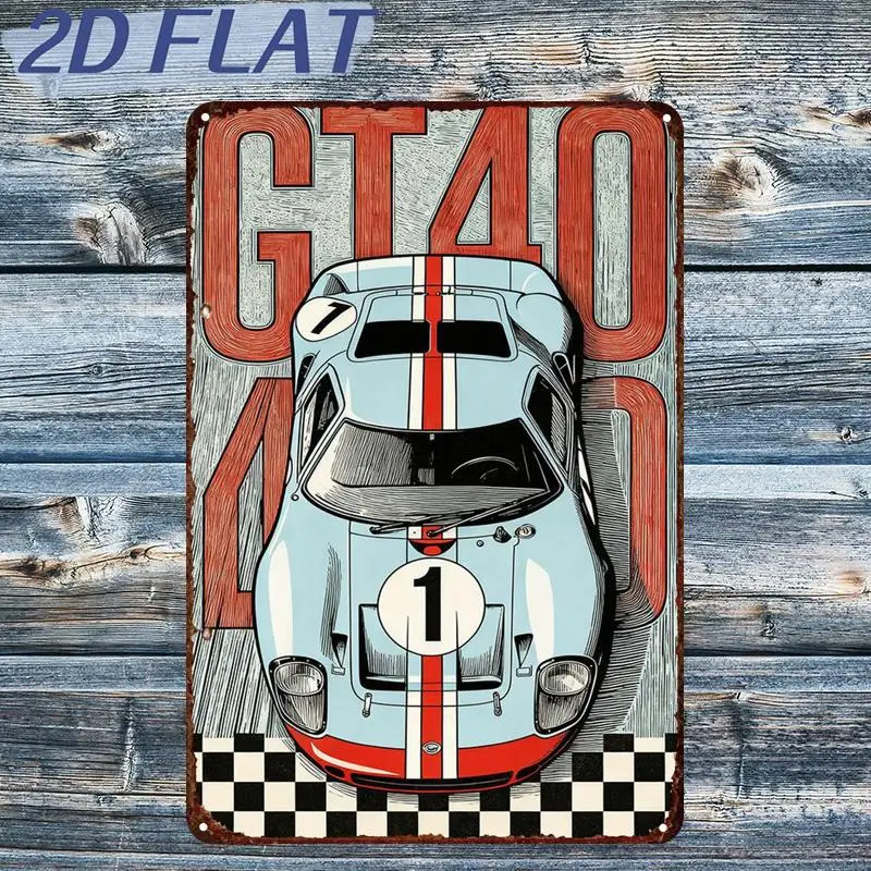 1 piece of 2D flat, GT40 Racing Legend: Iconic Blue‑White Speed Machine, Metal Tin Sign, Size (8