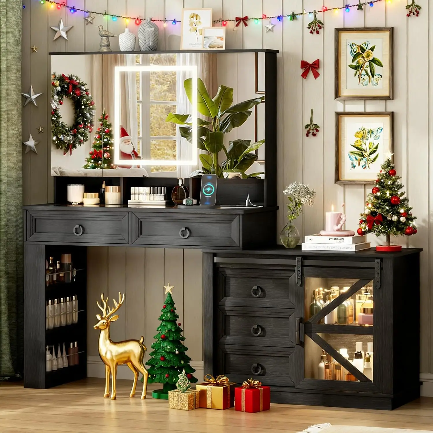 

Vanity Desk with Mirror and Lights, Large Farmhouse Makeup Desk with 5 Drawers and Jewelry Storage, 60" Glass Top Dressing Table